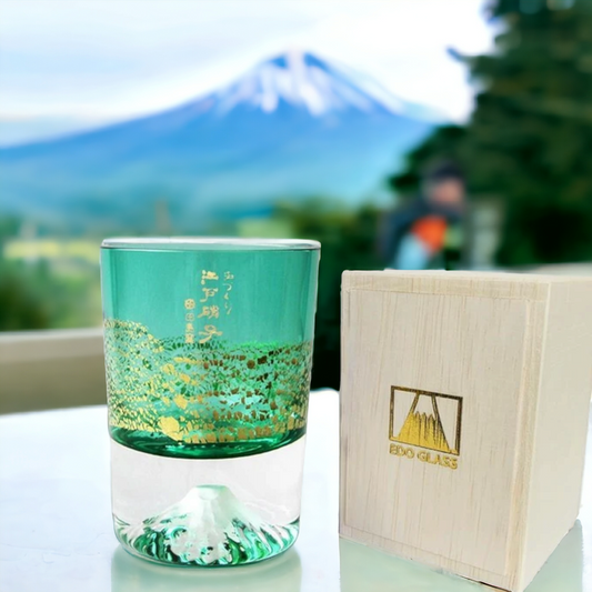 TAJIMA GLASS 日本田島硝子金箔富士山玻璃杯 (綠) (日本製)
