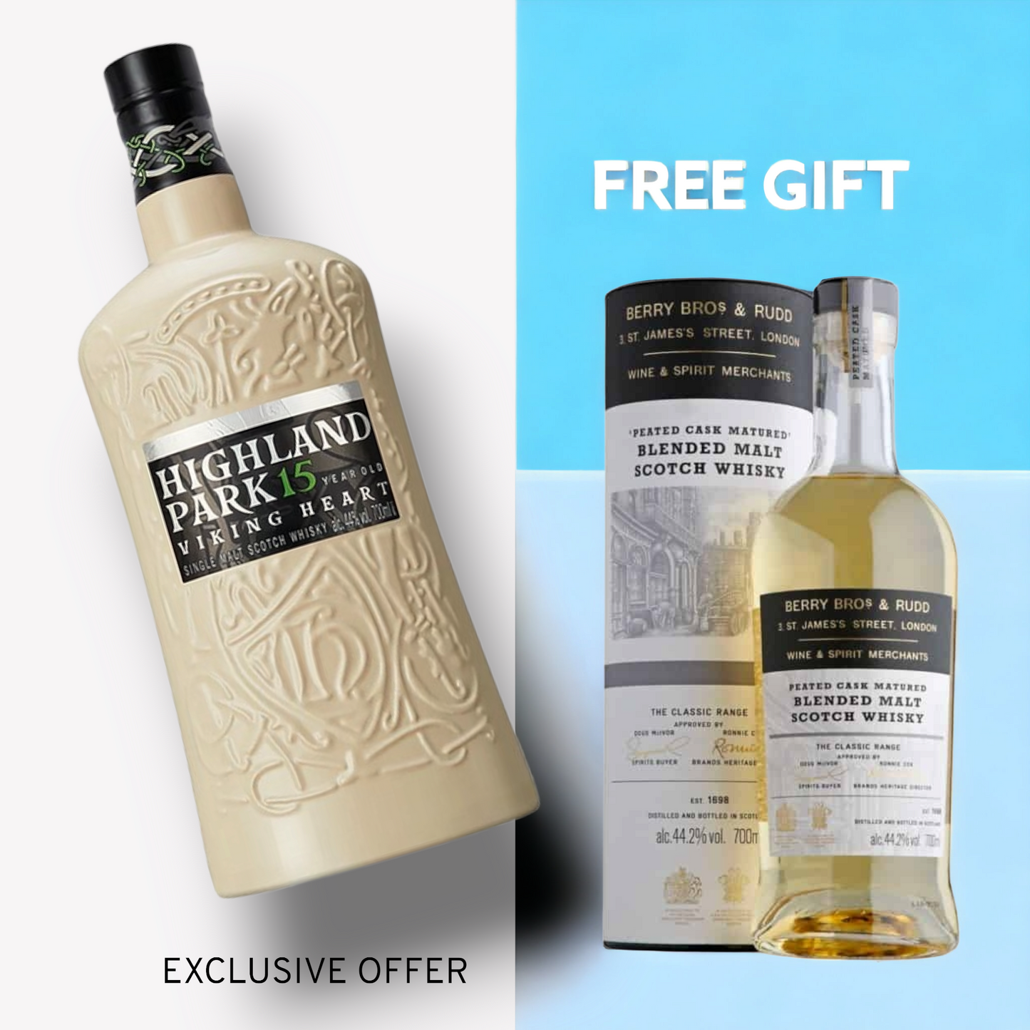 Buy Highland Park 15 年 Viking Heart 70cl ($1080) get a free bottle of BBR Classic Peated Cask 46% 70cl whisky Highland Park Whisky Bundle